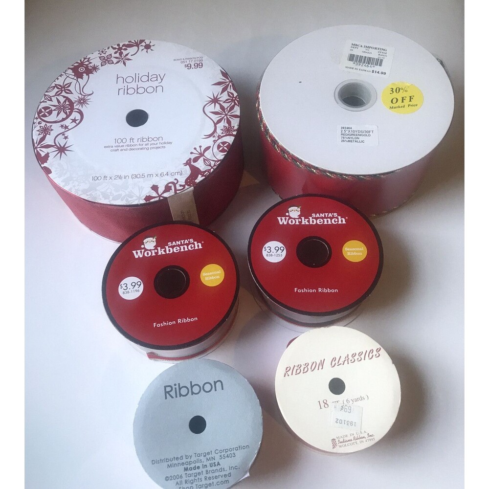 Lot of 6 rolls New Christmas Holiday Ribbon 180+ feet, variety material/prints